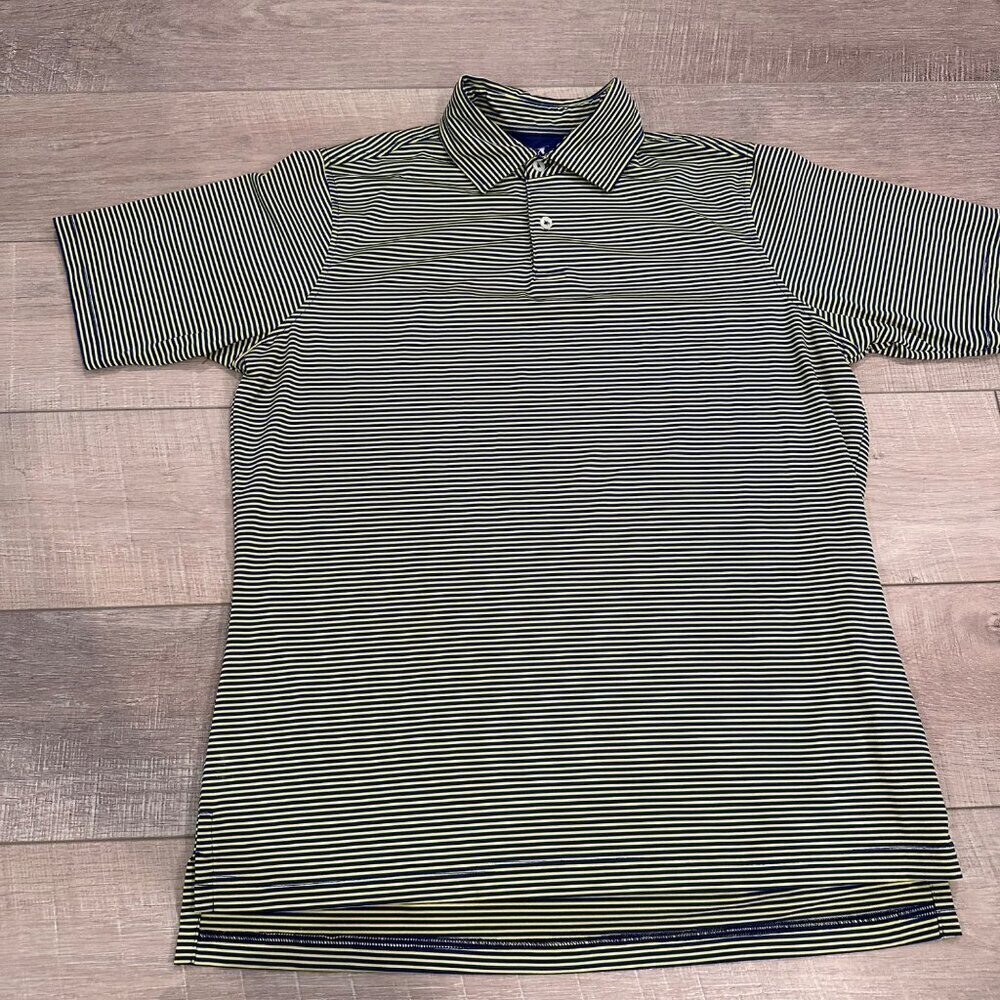 FAIRWAY & GREEN MENS SHORT SLEEVE DRI FIT POLO YELLOW AND BLUE STRIPE